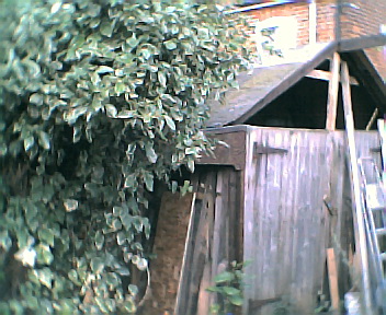 The reddish tint of the roof this side is due to the wood treatment.